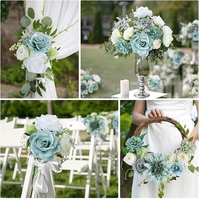AmyHomie Teal Blue Artificial Flowers Combo Silk Mix Peony Rose Fake Flowers w/Stem for DIY Wedding Bouquets Centerpieces Arrangements Table Fall Decor Party Bridal Baby Shower Home Decorations
