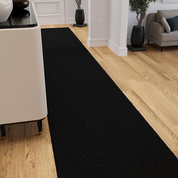 Ottomanson 3' x 14' Shaggy Runner Rug - Plush & Cozy Non-Slip Carpet for Bedroom, Living Room, Bathroom & Entryway - Durable & High-Traffic Friendly for Hallways & Dorms, Black