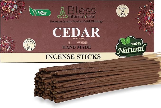 Bless-Cedar 100%-Natural-Handmade-Hand-Dipped-Incense-Sticks Organic-Chemicals-Charcoal-Free Purification-Relaxation-Positivity-Yoga-Meditation Best-Woods-Scent (500 Sticks(26 OZ))
