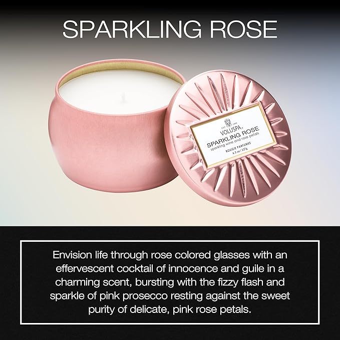 Voluspa Sparkling Rose, Mini Tin Candle, 4 Ounce, 25 Hour Burn Time, Coconut Wax for Clean Burning, Handcrafted in The USA