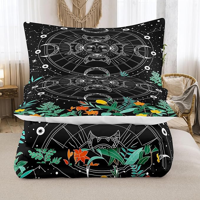 Tailor Shop Celestial Bedding Queen Size,Sun and Moon Bedding for Boys Girls Kids Teens,Galaxy Comforter,Gothic Comforter Witchy Comforter Boho Exotic Black Bed with 2 Pillowcases, Yh-sun and Moon 19