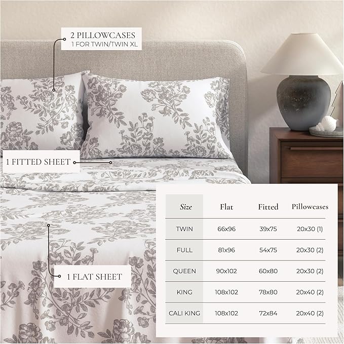 Great Bay Home Flannel Sheet Set California King Size - 100% Turkish Cotton, Double-Brushed, Winter Floral Bed Sheets - Ultra-Soft, Cozy, 4-Piece Bedding Set (Toile - Grey)