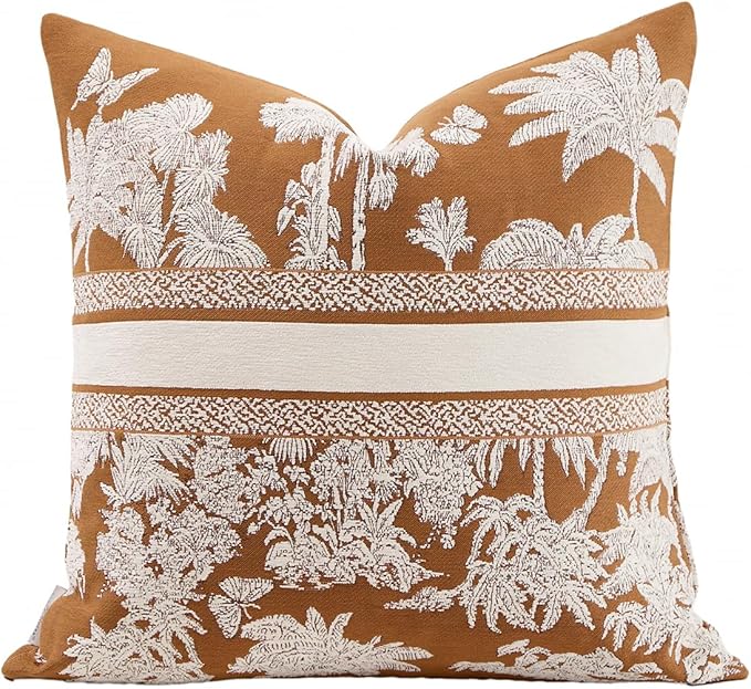 Premium Throw Pillow Covers 18x18 Inches - Tawny Birch Jungle with White Palm Tree Chenille Jacquard Embroidery Decorative Couch Pillow Covers for Living Room Bedroom Sofa