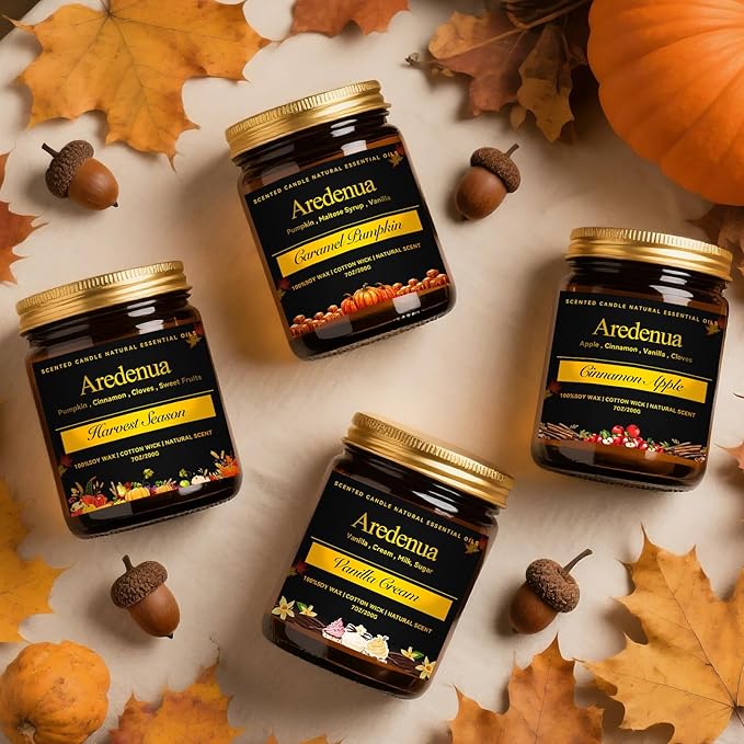 Fall Candles Set | 4 Pack Autumn Scented Candles - Fall Candle Gifts for Women Men, Soy Candles for Home Scented - Autumn Scent of - Pumpkin/Cinnamon Apple/Harvest/Vanilla Cream