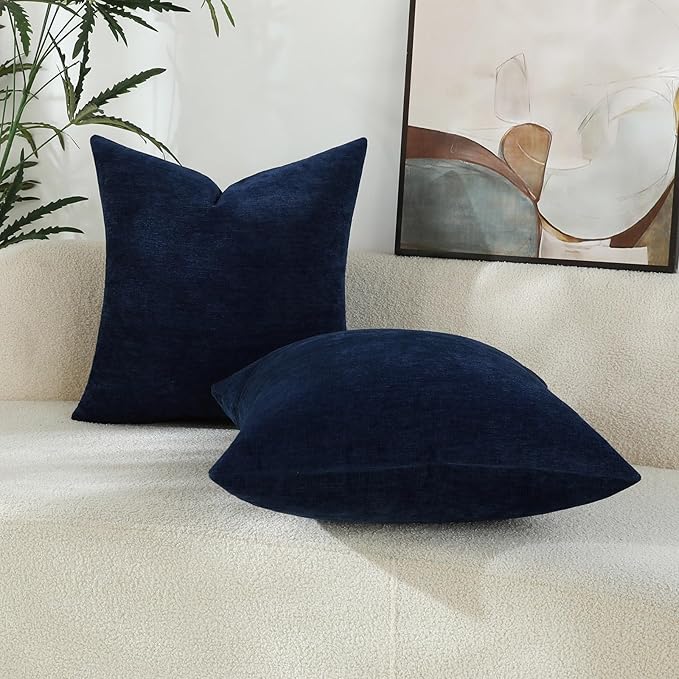 Dark Blue Chenille Decorative Couch Throw Pillow Covers, Soft Cushion Cases for Home Livingroom Sofa Décor, Pack of 2, 20 x 20 Inches