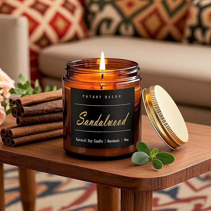 Sandalwood Scented Candles for Home, 9oz Natural Soy Wax Aromatherapy Organic Santal Candle for Stress Relief, Long Burning & Lasting Jar Candle Gifts for Birthday, Housewarmings, Thanksgiving