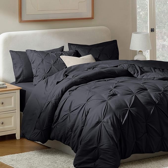 Nestl Queen Comforter Set 7 Piece - Pinch Pleated Comforters Queen Size Black, Bed in a Bag Queen All Season, Queen Size Comforter Sets Bedding with Flat Sheet and Fitted Sheet, Pillowcases and Shams