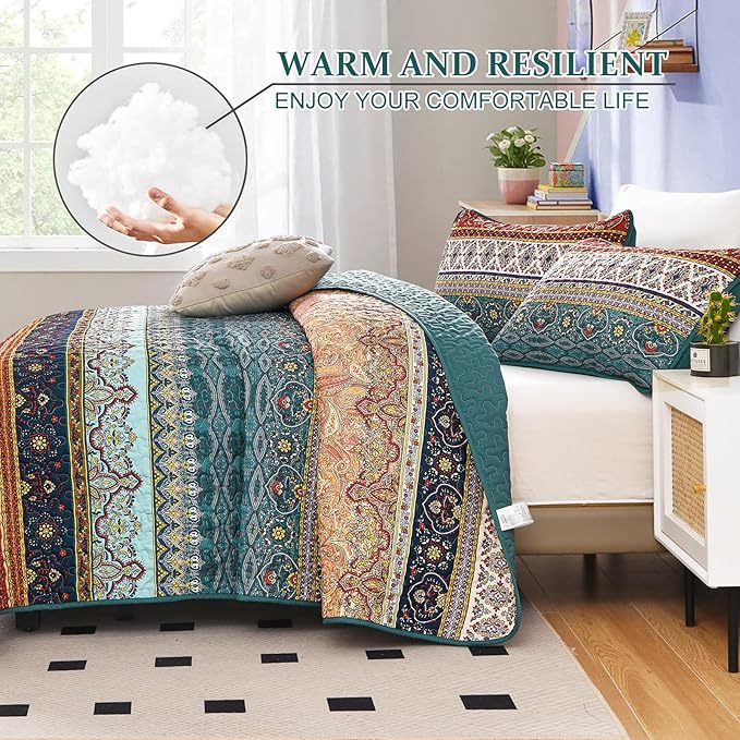 WONGS BEDDING Boho King Quilt Set, Green and Brown Bohemian King Quilt Bedding Set, Lightweight Microfiber Bed Decor Bedspread for All Season 103"x90"(3 Pieces)