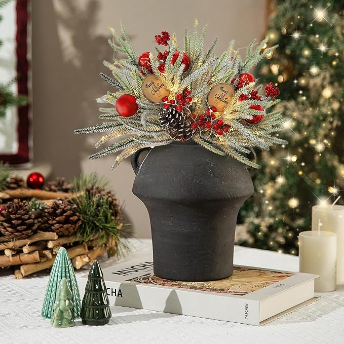 7 Inch Ceramic Vases with Handle, Rustic Vase forFlower, Vintage Terracotta Vases Home Decor, Christmas Decorative Farmhouse Vase for Home Decor, Living Room, Shelf Decor, Farmhouse, Table, Lyeec