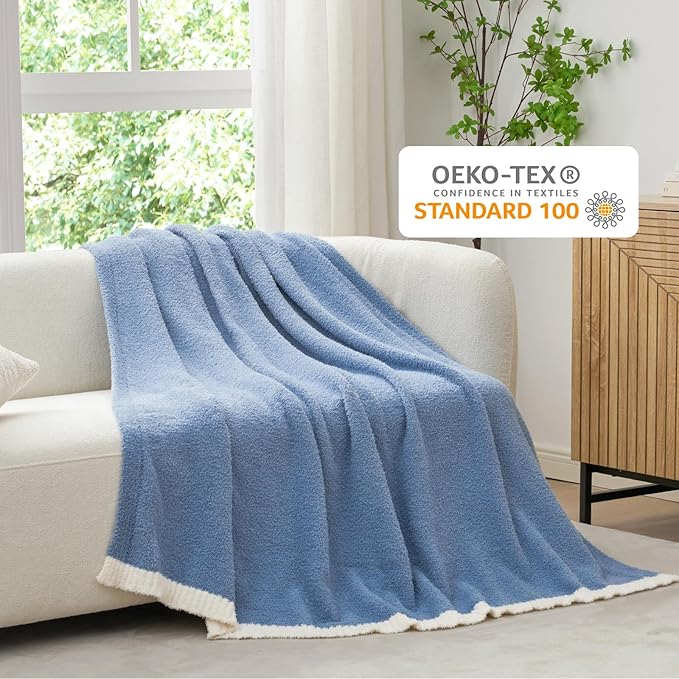 Snuggle Sac Ultra Soft Throw Blanket for Couch Bed Sofa 50x60 inches, Reversible Blue Blanket Microfiber Fluffy Fuzzy Cozy Knit Throws for Women Mothers Birthday Gifts
