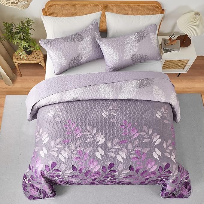 WONGS BEDDING Purple Floral Quilt Set King Size, 3 Pieces Botancal Leaves Bedspread Coverlet Set with 2 Pillowcases for All Season, Soft Microfiber Floral Bedding Set 104"×90"