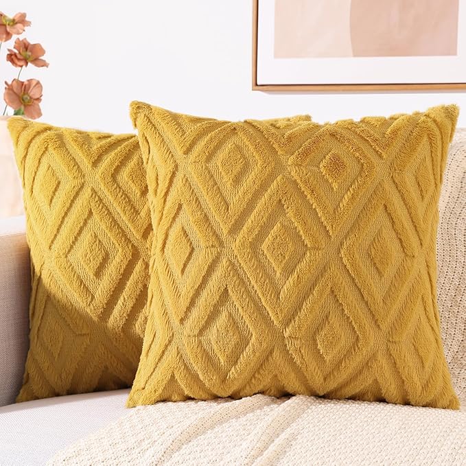 decorUhome Couch Throw Pillow Covers 26x26 Set of 2, Decorative Soft Plush Faux Wool Neutral Accent Pillow Covers for Bed Sofa Living Room, Mustard Yellow