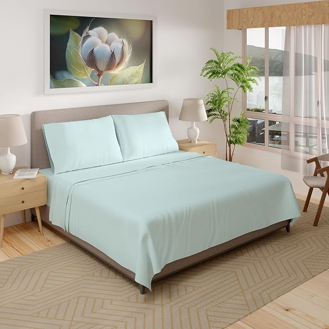 SUPREME ELEGANCE Organic 100% Cotton Twin Aqua Sheet Set, Percale Weave 14" Deep Pocket Twin Sheets Set, Ultra-Soft, Back to School College Essentials, Breathable & Cooling Bedsheet