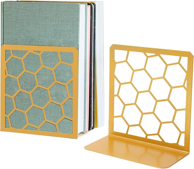 GEOMOD Geometric Honeycomb Gold Metal Bookends Decorative - Tall Sturdy Book Ends for Shelves - Modern Heavy Duty Bookend Stopper - Office or Home Book Shelf Book Holder - 6x3.25x6.25 Inches - 1 Pair
