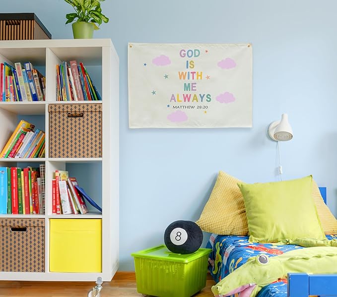 Christian Bible Verse Scripture Rectangular Banner Flag Wall Sign Decor Gift for Baby Girls-Nursery Baby Room Bedroom Decor-Baby,Shower Birthday Christmas Gift-God Is with Me Always