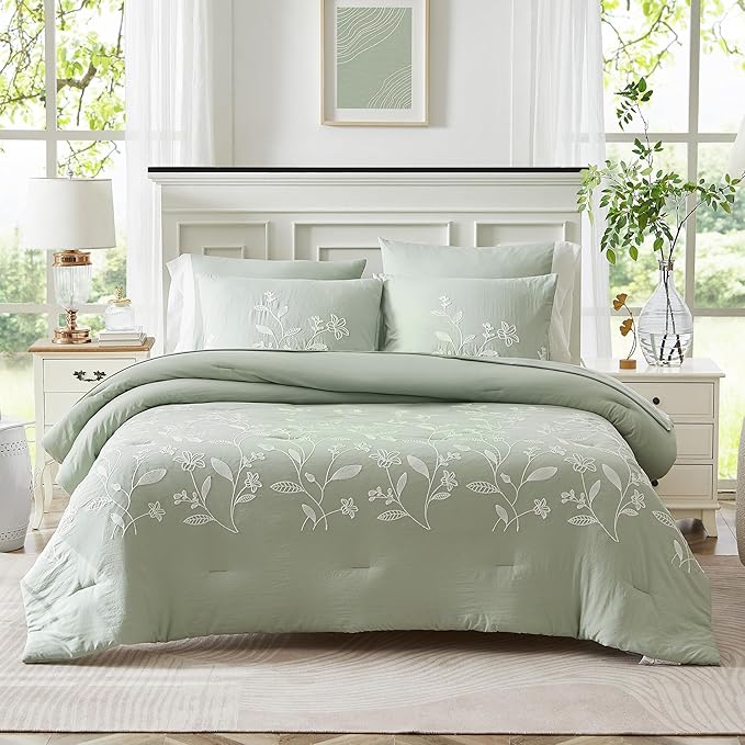 MaiRêve Embroidery Comforter Sets Green Twin Size, Farmhouse Floral Twin Bedding Sets 5 Pieces, Warm Fluffy All Season Bed Set and Comforter Sets(Green, Twin,66"x86")