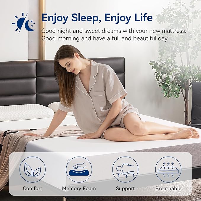 Amazon Basics Memory Foam Mattress, Soft Plush Feel, 10 Inch, Queen, White/Grey