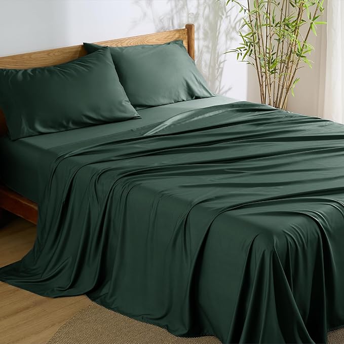 Bedsure Queen Sheet Set, Rayon Derived from Bamboo, Cooling Sheets, Breathable & Soft, Deep Pocket Up to 16 Inches, Hotel Luxury Silky Bedding for Hot Sleepers, Forest Green
