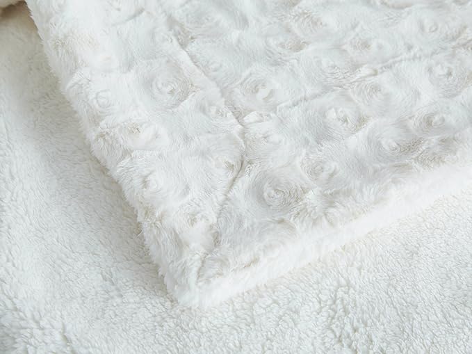 DaDa Bedding Luxury White Roses Fluffy and Cuddly Faux Fur with Sherpa Backside Fleece Cloud Throw Blanket - Super Soft Warm Plush Luxe Solid Toss for Sofa, Couch or Bed - 63" x 90"