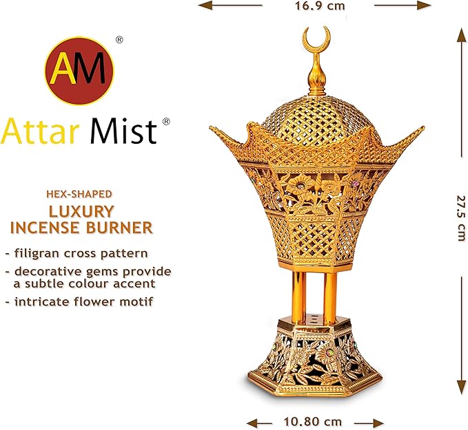 AM Bakhoor Charcoal Incense Burner – Luxury Gold Frankincense Resin Burner for Oud, Bakhoor, Incense Sticks & Cones – Decorative Metal Holder with Removable Lid & Safe Flame Control (Gold)