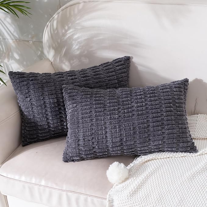 Set of 2 Corduroy Decorative Throw Pillow Covers 12x20 Inch Soft Boho Striped Couch Pillow Covers for Sofa Modern Farmhouse Neutral Home Decor Living Room Bed Dark Grey
