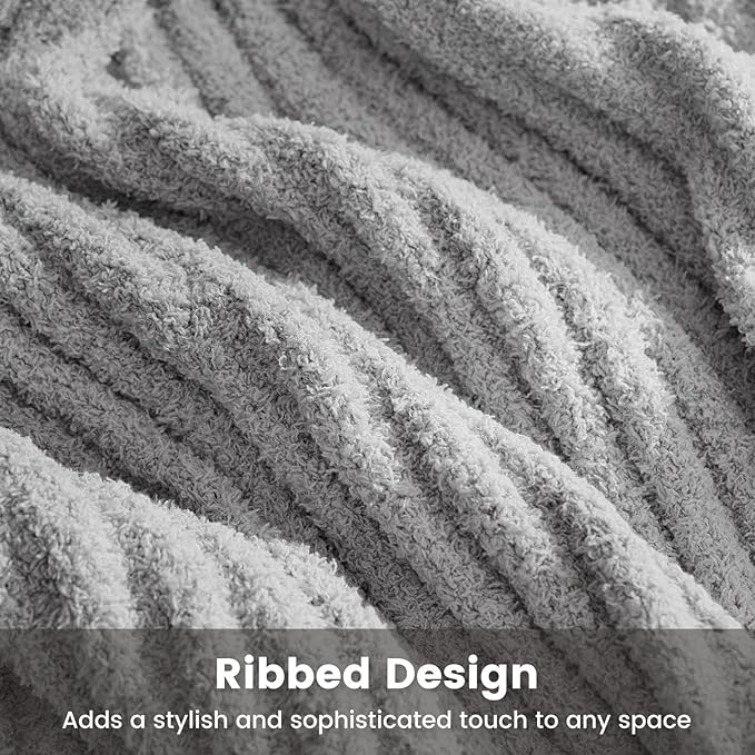 Snuggle Sac Ribbed King Size Blanket for Bed, Cozy Soft Fuzzy Microfiber Knit Stripe Bedding Blankets, Grey, 108x90 inches