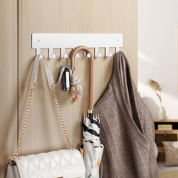pickpiff 1 Pack Key Holder for Wall Adhesive, Key Hooks with 8 Hooks Wall Mounted, Key Hangers for Decor No Drill for Living Room, Kitchen, Office, White