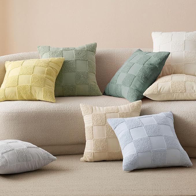 Double Stitch Checkered Throw Pillow Covers - 100% Cotton Set of 2 Tufted Boho Decorative Pillow Covers 20x20, Made in India, Square Cushion Case, Modern Home Decor for Couch, Sofa, Living Room, Beige