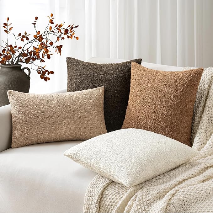 Woaboy Pack of 2 18x18 Inch Decorative Boucle Throw Pillow Covers Textured Square Pillowcaes Accent Solid Cozy Soft Cushion Covers Home Decor for Sofa Couch Living Room Home Decor,Brown