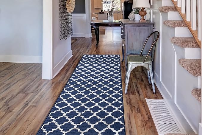 Custom Size Cut to Length Moroccan Trellis Design Runner Rug Mat For Wide Long Hallways with Non-Slip Rubber Backing, Better Traction for Pets, Prevent Slippage, Trellis Navy Blue, 31 inch X 12 feet