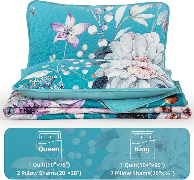 Drucon Floral Quilt Queen Size - 3 Pieces Aqua Blue Quilt Botanical Bedspread Soft Lightweight Flower Bedding Set for All Season (96"x90")