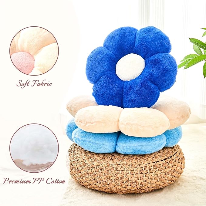 Beige Flower Pillow, Cute Decorative Flower Shaped Throw Pillow with Faux Rabbit Fur, 14.9" Soft Flower Plush Throw Pillow Floor Pillows Room Décor for Bedroom Living Room