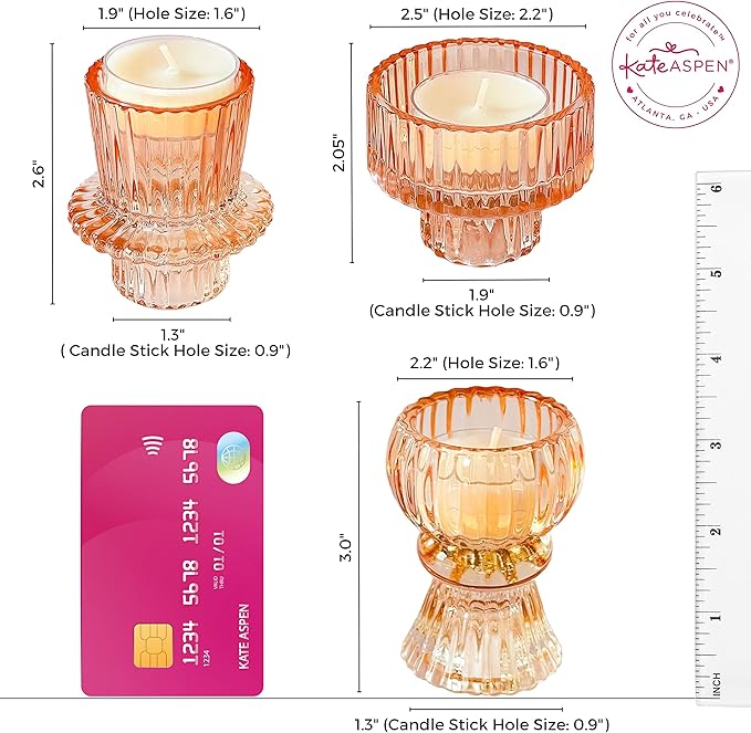 Kate Aspen Vintage Ribbed Glass Black Candlestick Holders, Pillar Candle, Tealight & Votive Candle Holders (Set of 6, 3 Assorted Sizes), Dining Table Decor, Shelf Decor, Centerpiece