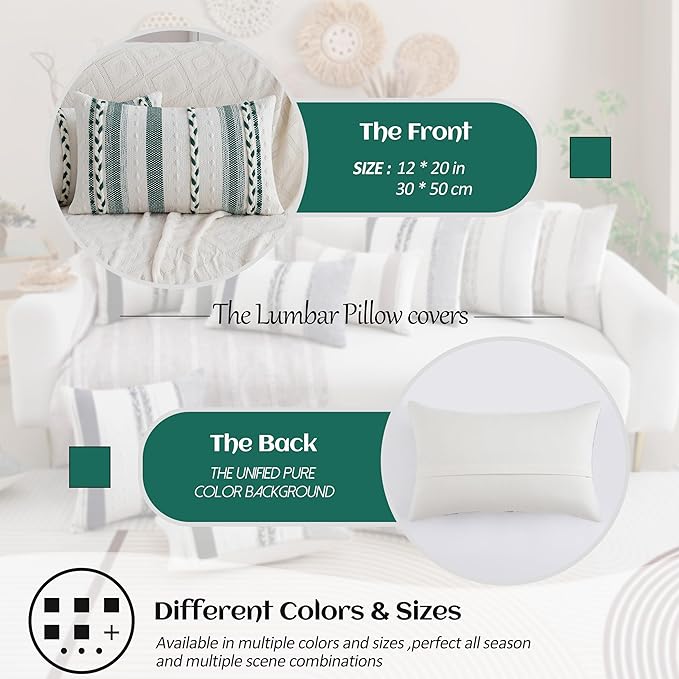 Decorative 2 Packs Boho Sage Green Striped Lumbar Pillow Covers 12x20 Inch Coastal Accent Long Throw Pillows, Neutral Farmhouse Textured Throw Pillow Cases for Couch Bedroom Living Room Chair