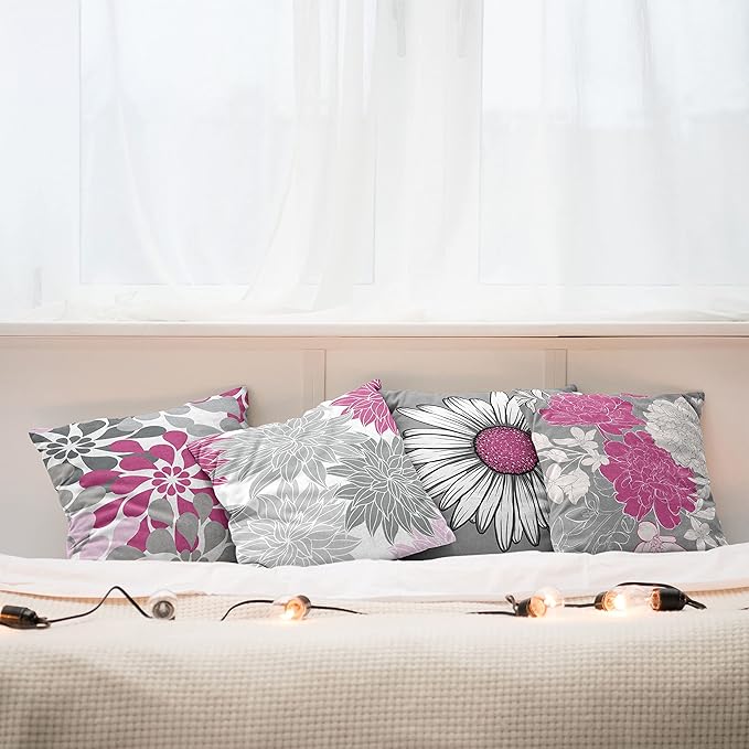 Ambesonne Floral Throw Pillow Cushion Case Pack of 4, Flower Petals Modern Color Palette Chamomile Peony Dahlia and Sunflower Print, Modern Accent Double-Sided Digital Printing, 16", Pink and Grey