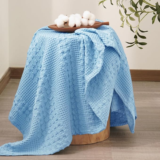 PHF 100% Cotton Waffle Weave Throw Blanket, Soft Lightweight Breathable Cozy Throws for Couch Bed Sofa, Luxury Aesthetic Woven Blanket for Home Decor & Office, 50"x60", Sky Blue