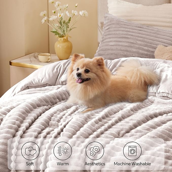 BEDELITE Fleece Queen Comforter Set -Super Soft & Warm Fluffy Lotus Pink Bedding, Luxury Fuzzy Heavy Bed Set for Winter with 2 Pillow Cases