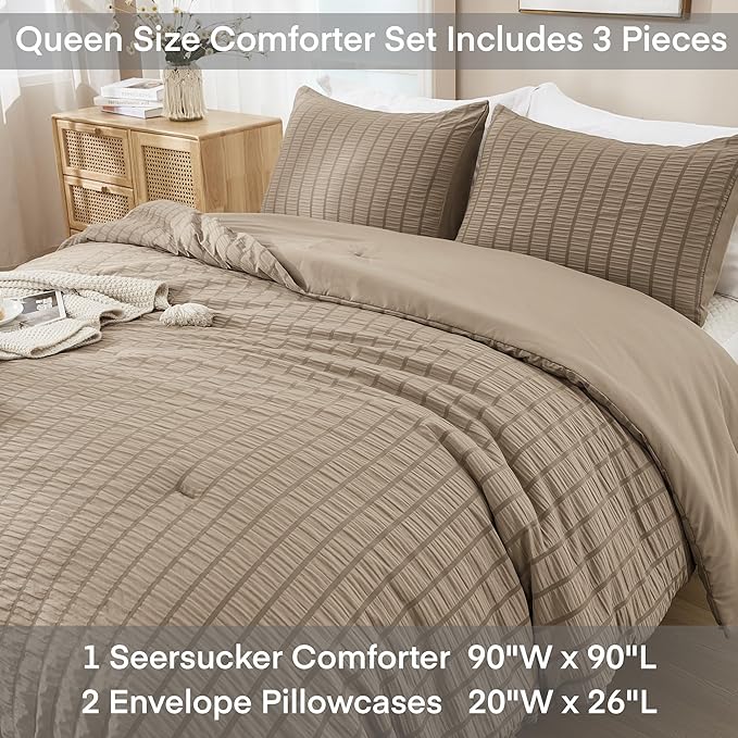 AveLom Taupe Seersucker Queen Comforter Set (90x90 inches), 3 Pieces-100% Soft Washed Microfiber Lightweight Comforter with 2 Pillowcases, All Season Down Alternative Comforter Set for Bedding