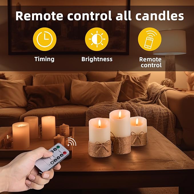 Flameless Candles Battery Operated Pillar Real Wax Electric LED Candle Gift Set with Remote Control and Timer, 4" 5" 6" Pack of 3 (Ivory Wax with Hemp Rope)