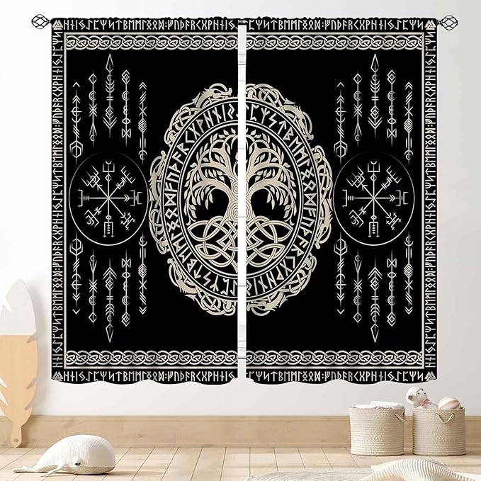 Viking Curtains, Nordic Tree of Life Celtic Rune Scandinavian Gothic Norse Mythology Aesthetic Retro Drapery for Bedroom Living Room Bathroom Window 2 Panel Set, 84"x84" Inch