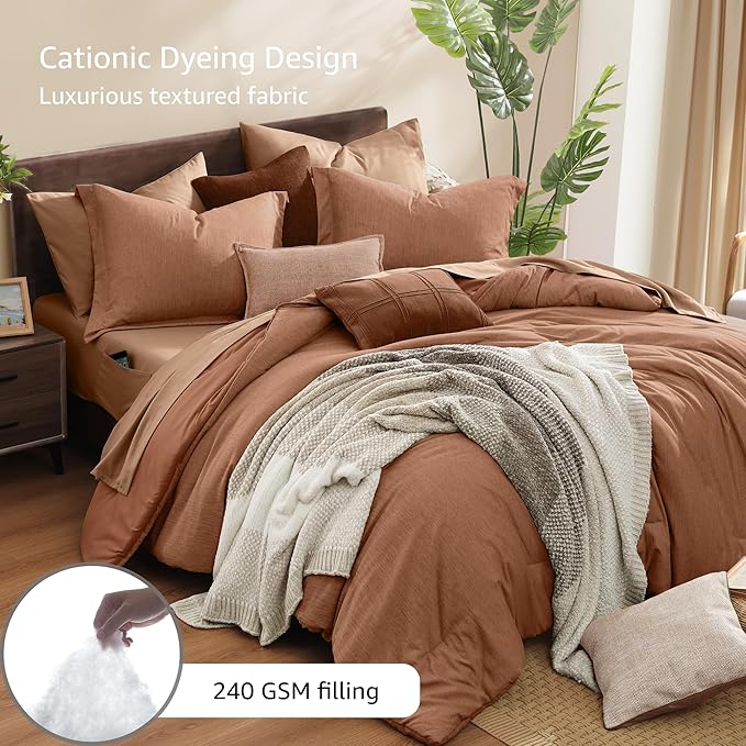Monbix Oversized Queen Comforter Set - 7 Pieces Cationic Dyeing Autumn Leaf Bed in a Bag Bedding Sets with Comforter, Sheets, Pillowcases & Shams, Reversible Bedding Comforters Sets