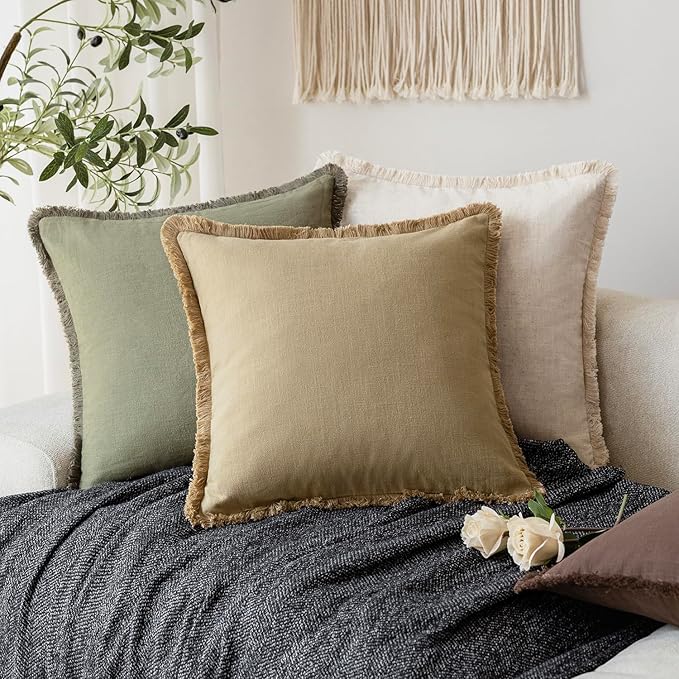 Foindtower Set of 2 Decorative Linen Fringe Throw Pillow Covers Boho Farmhouse Cushion Cover with Tassels Soft Accent Pillowcase for Couch Sofa Bed Living Room Home Decor,26×26 Inch,Light Khaki Taupe