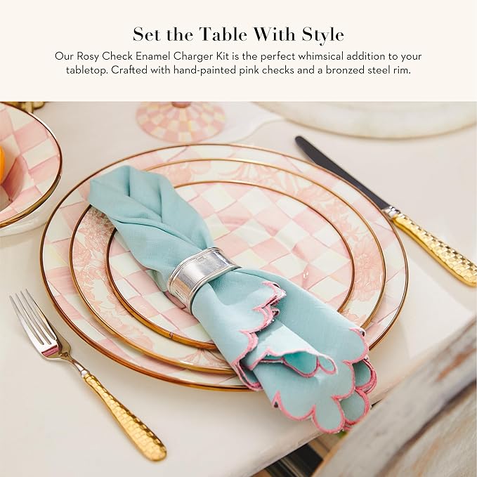 MACKENZIE-CHILDS Enamel Charger Plate, Charger Decoration for Dinner Plates or Home Decor, 12 Inches, Pink-and-White Rosy Check, Set of 4