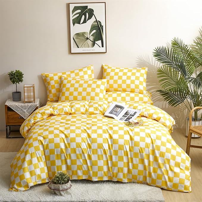 KAREVER Yellow White Grid Comforter Set Queen Yellow Plaid Bedding Set Women Yellow and White Checkered Bed Comforter Set Breathable Blanket Set Men Durable Bedding Comforter Set