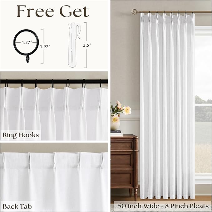 90 Inch Pinch Pleated Linen Curtains for Living Room Bedroom Memory Training Shaped Semi Sheer Pleat Drapes with Hooks Rings Light Filtering Window Curtain 50x90 Inch Length 1 Panel Snow White