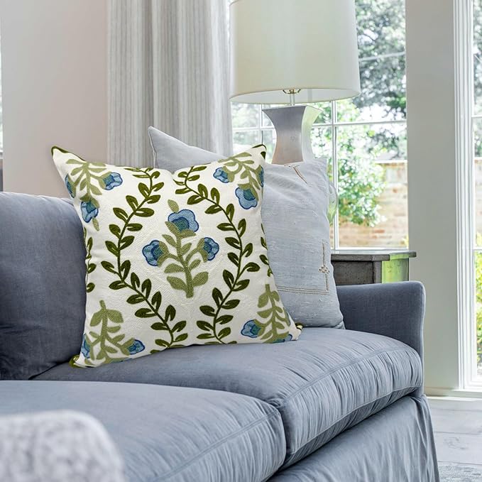 Alysheer Floral Embroidered Summer Decorative Throw Pillow Cover 18"x 18", Farmhouse Cottage Blue Flowers Green Leaves Knit Pattern Cotton Canvas Cushion Case for Sofa Couch Bed Living Room Decor