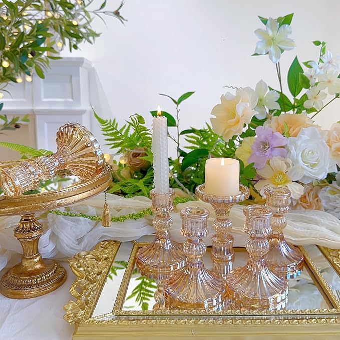 Glass Candlestick Holder,Striped Taper Candle Holders,Set of 6 Candle Stand for Table Centerpieces, Home Decor,Weddings,Festival and Parties (Amber Stripe Pattern)
