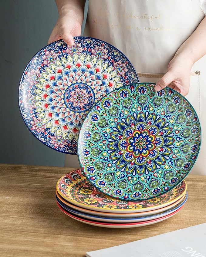 Dinner Plate Set of 6, 10.5-inch Large Plate for Dessert, Pasta, Salad, Ceramic Bohemian Dishes for Kitchen Microwave Dishwasher Safe