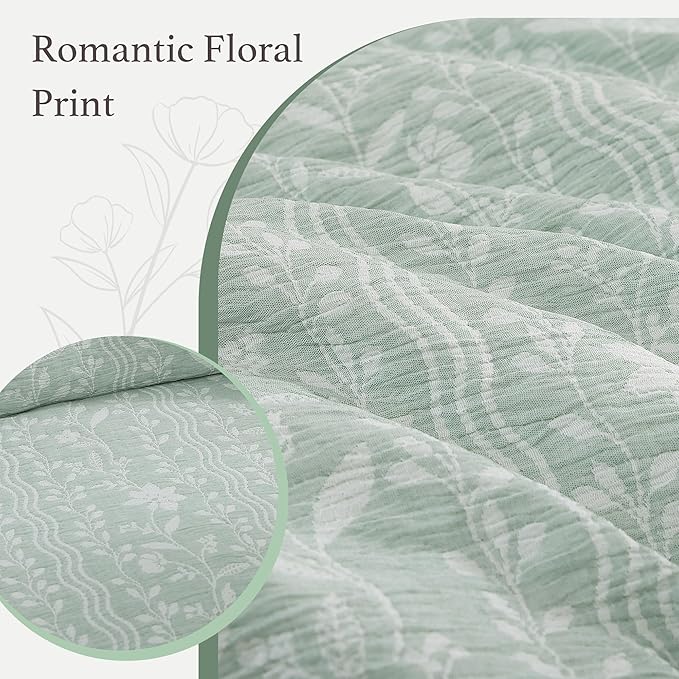 King Comforter Set -7 Pieces Green Floral Comforter Set for All Seasons, Bed in a Bag King with Botanical Flowers Comforter, Sheets, Pillowcases & Shams