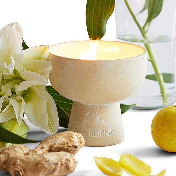 BLUEME Happiness - Yuzu & Ginger, Luxury Candle w/Essential Oils, 3 Wick, Hand-Poured Soy, Cotton Wick, Ceramic